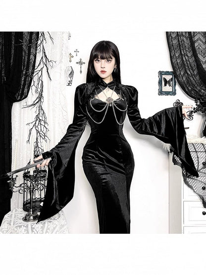 Gothic Trim Sleeve Detail Bell Black Shrug Chain Gem Halloween Lace with