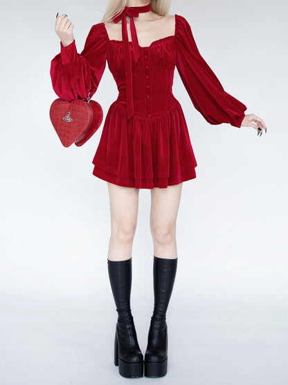 Red Velvet Balloon Sleeves Glamorous Tiered Skirt Mini Dress with Self-tie Scarf