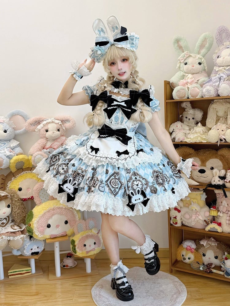 Blue White Diamond Sweet Lolita OP Dress with White Apron - Untitled Heartbeat