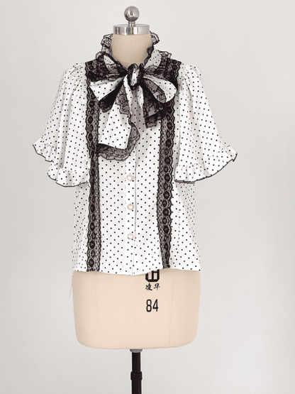 Chiffon Sleeve Polka-dot White/Black Cape Blouse: Jirai Kei