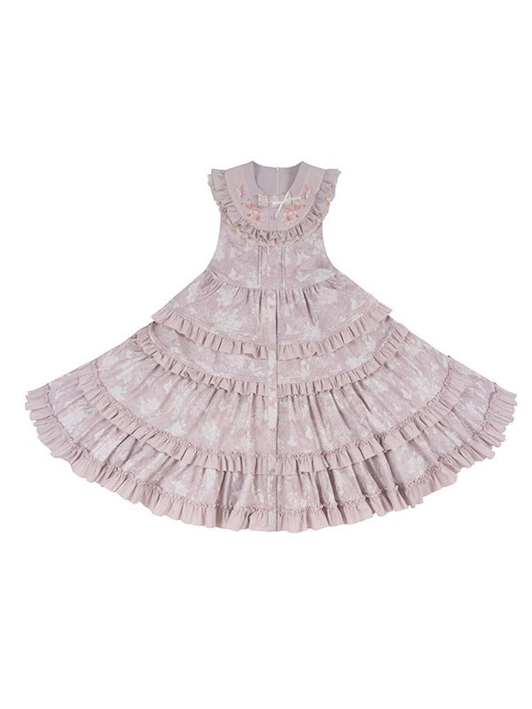 Pink Sweet Lolita Layered Skirt Sleeveless Dress with Embroidery - Yimu Walnut