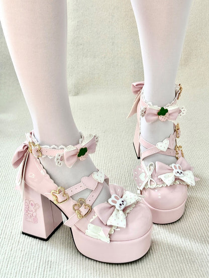 Pink Bunny with Heel Embroidered Mary Janes Lace Sweet Lolita Trim