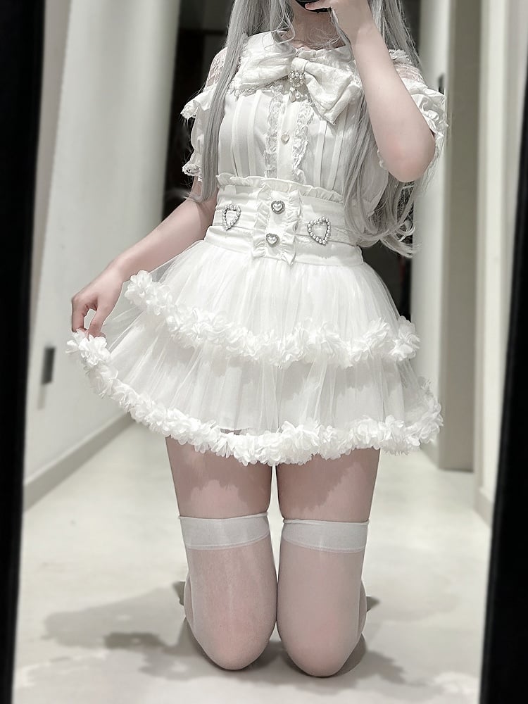 Black Tiered Back / Skirt Jirai Ties Kei Mesh and Beaded White Sweetheart with