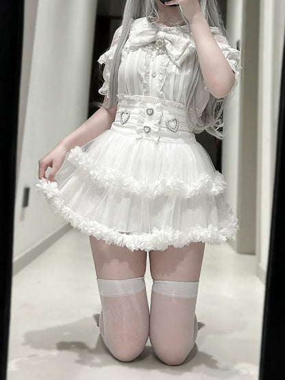 Black Tiered Back / Skirt Jirai Ties Kei Mesh and Beaded White Sweetheart with