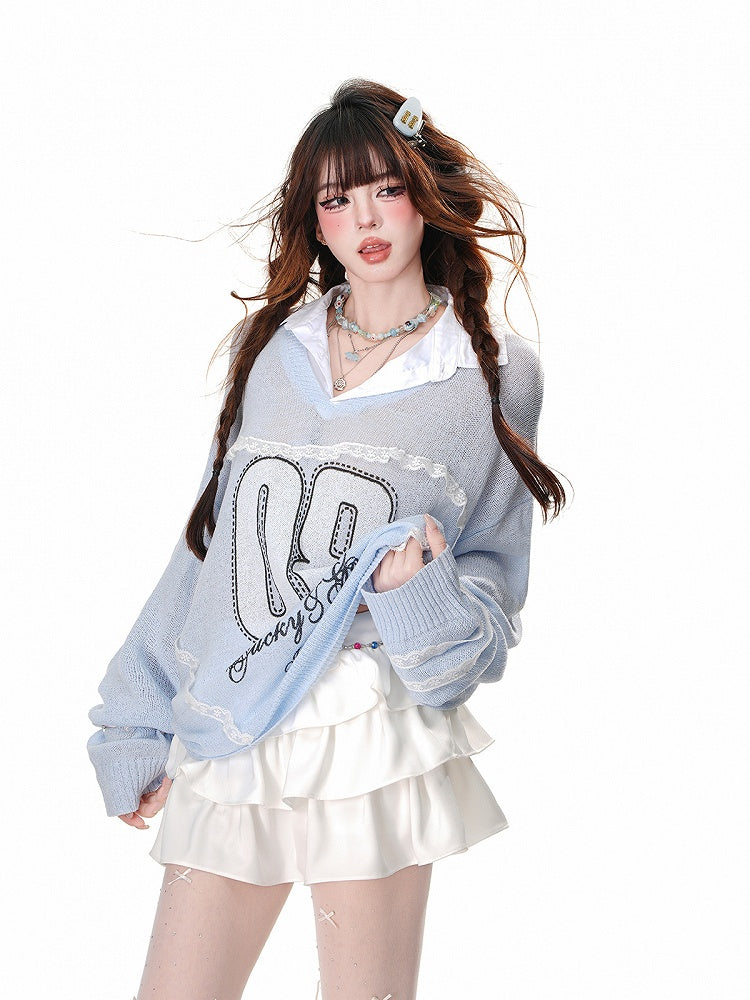 Blue/Pink Semi-sheer Lace Appliques Preppy Style Sun Protection Top Faux