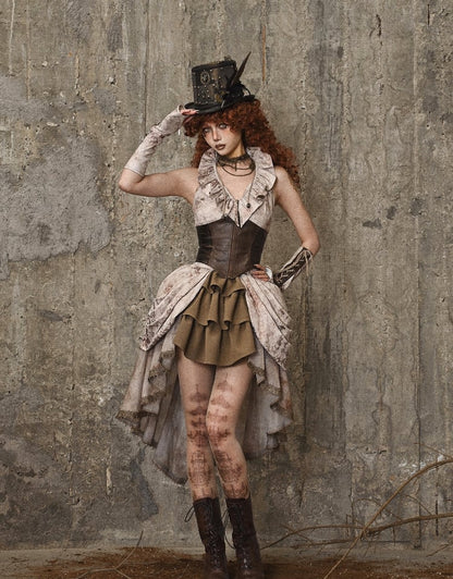 ブラウンのコルセットウエスト、フラウンスネックライン、ノースリーブトップス