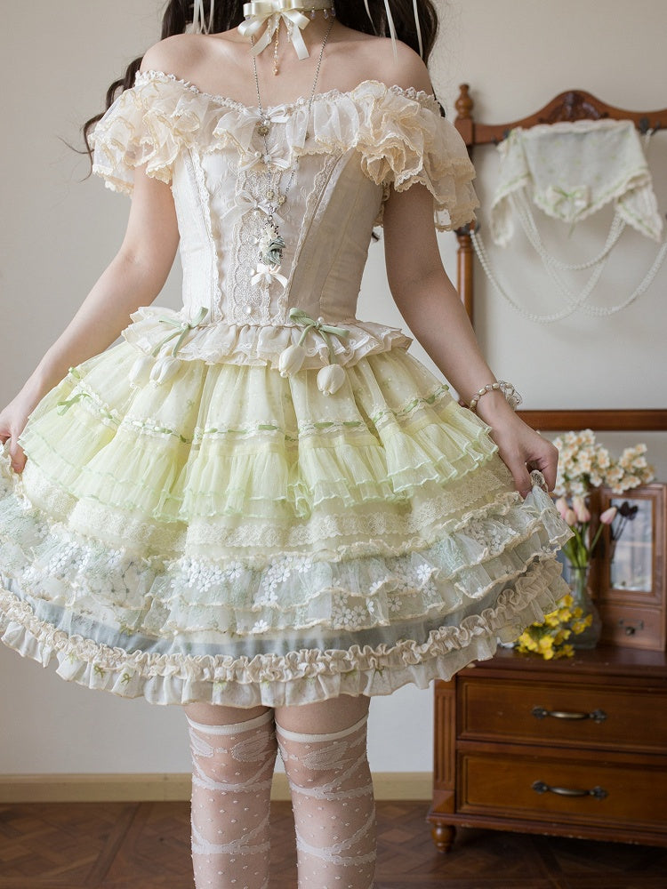 Jacquard Korsett Herz Ärmel Stoff Top Flatter Tiered Elfenbein