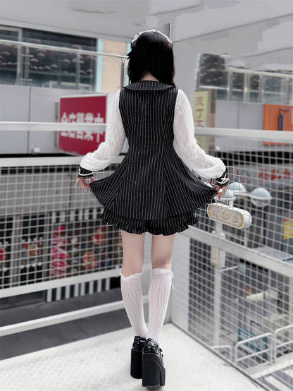 with Decor and Bead Shorts Kei Dress + Matching Black Long-Sleeve Stripe Set Chain Jirai Bow Lace White