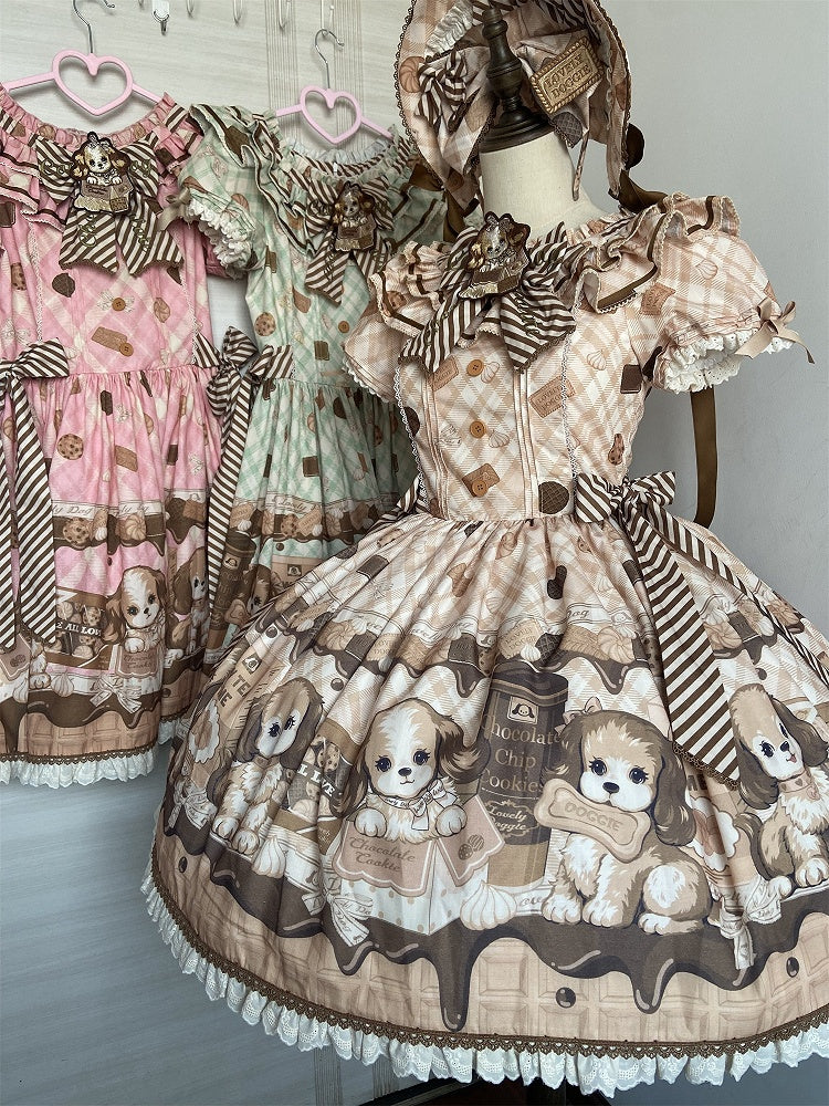 Süßes Lolita-Kleid mit kurzen Ärmeln und Welpen- und Keks-Print in Gelb