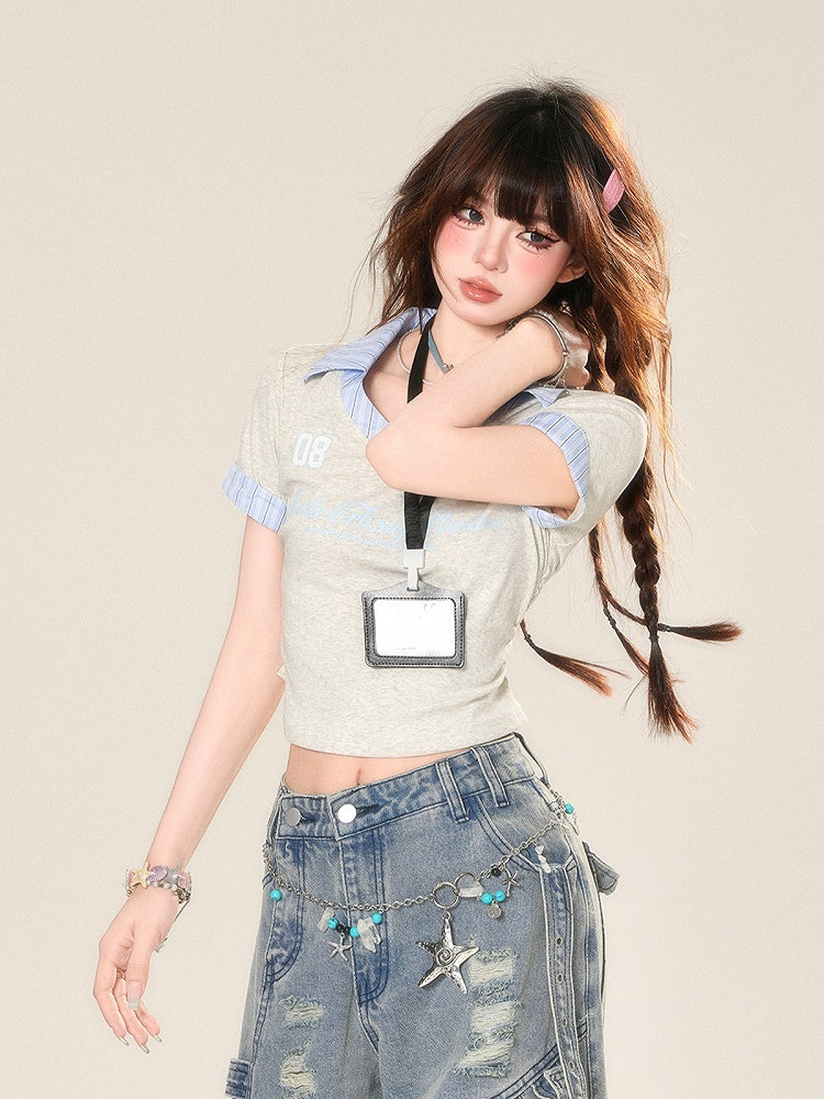 Glamorous Two-pieces Tag Style Faux Cropped T-Shirt with Name Grey Preppy Free Badge