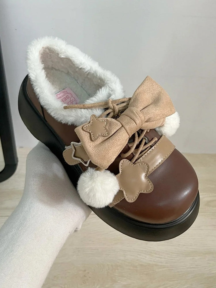 PU Schuhe Braun Abnehmbare Winter Star Lolita Akzent Süße Schleife Plattform Details Leder