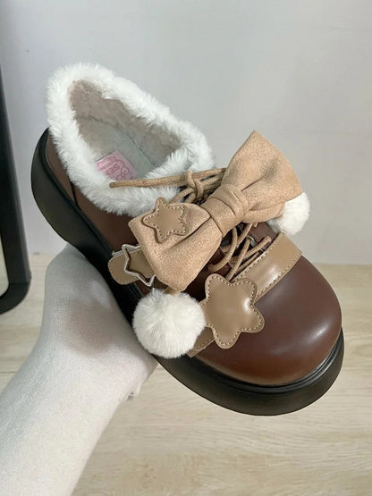 PU Schuhe Braun Abnehmbare Winter Star Lolita Akzent Süße Schleife Plattform Details Leder