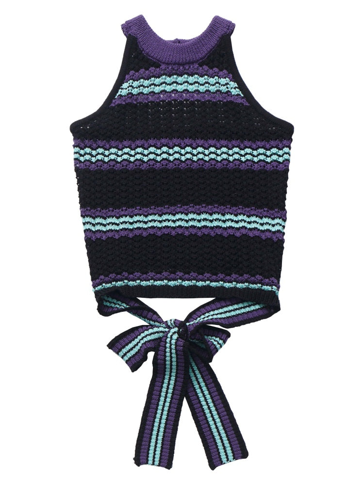 Schwarz-lila-grüne Neckholder-Strickweste