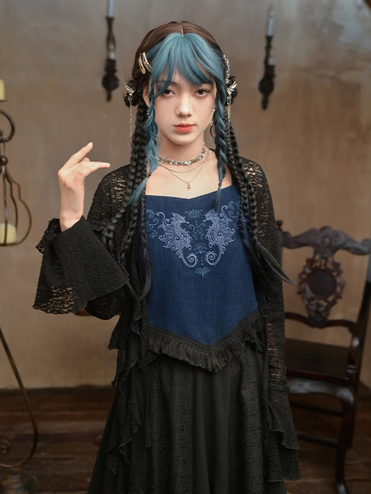 カーディガン アシンメトリー くり抜き裾 ベルフリル ブラック レーススリーブ