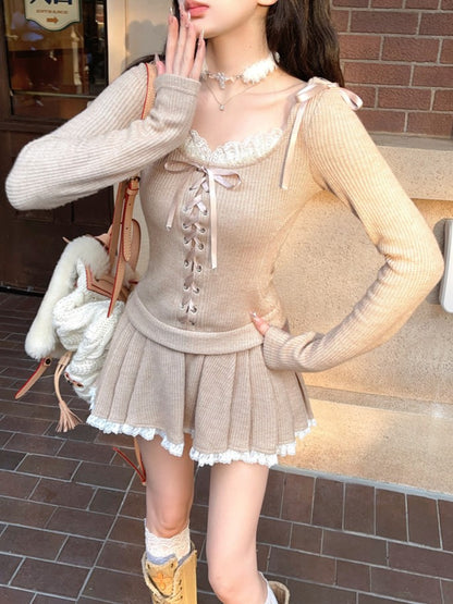 Bow Knit With Adjustable Milk Front Lace-Up Hoodie Tea Accents