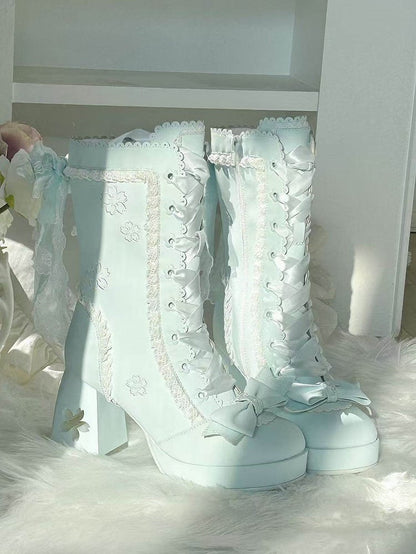 Lolita Lace Bow with Sweet Boots Heeled 8cm Details Blue Trim