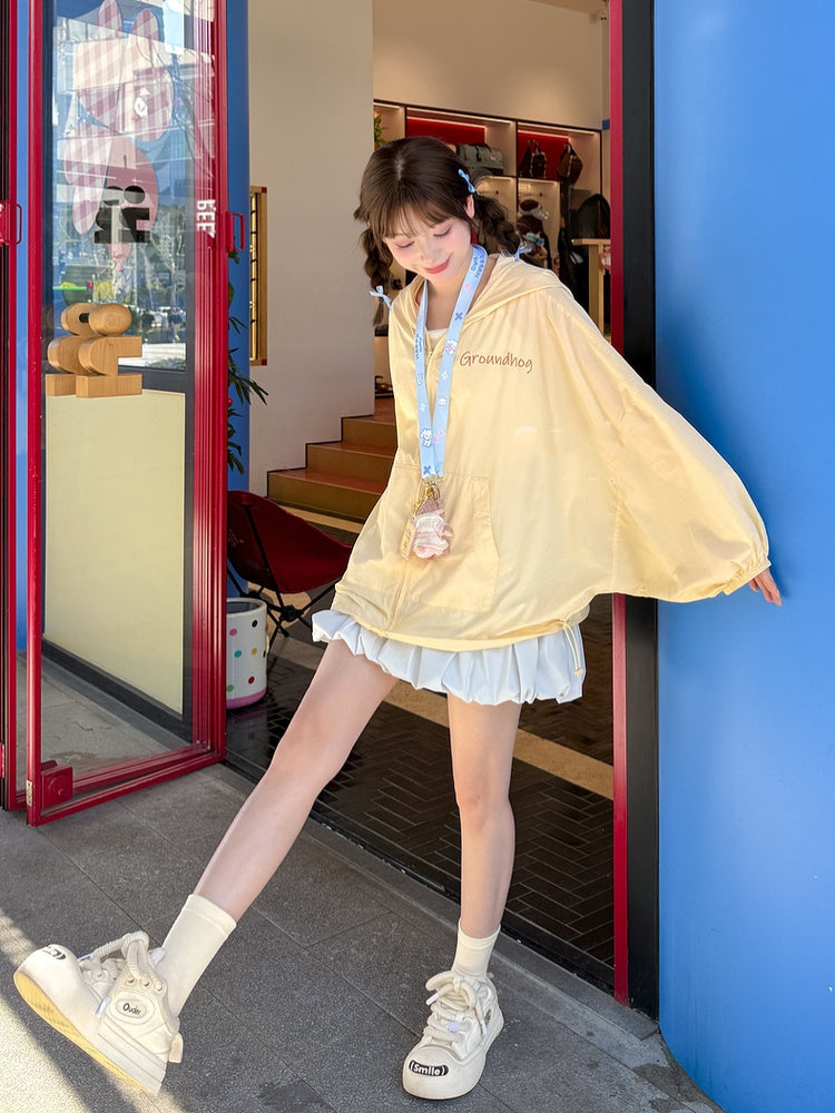 ジャケット 日焼け防止 ドローストリング イエロー マーモットの耳デザイン フード裾