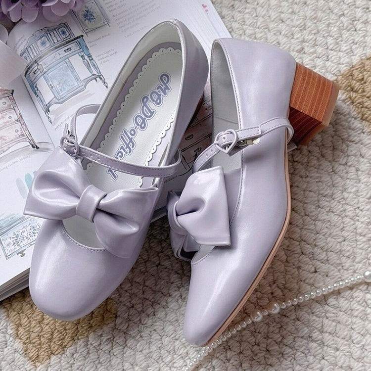Bow Embellishments Heart Mary Elegant Purple Closure Janes Lolita Mid-heel for with
