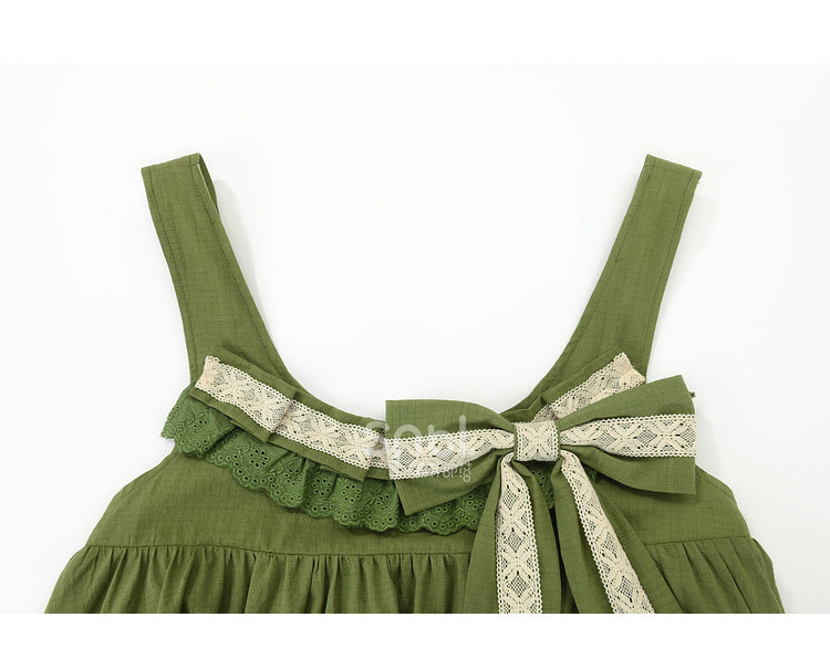 Sweet Hem Overall Dress Bowknot Ruffle with Detachable Green