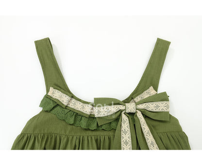 Sweet Hem Overall Dress Bowknot Ruffle with Detachable Green
