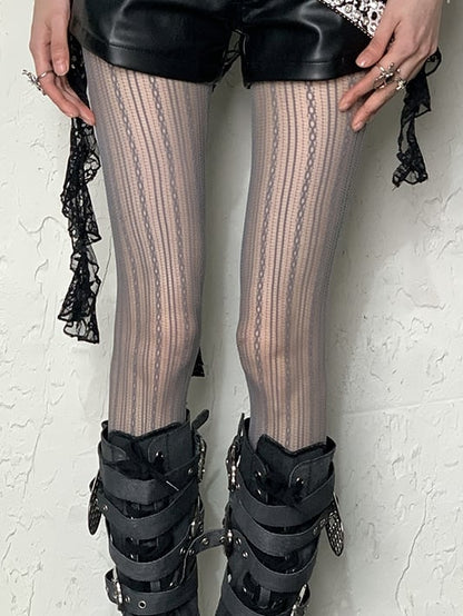 Hollow-out Tights Striped Pattern Gray Design Y2K