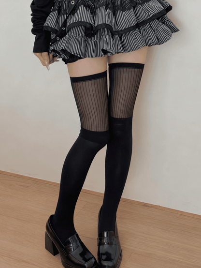 White Black / Striped Stockings with Vertical Semi-sheer Cuff