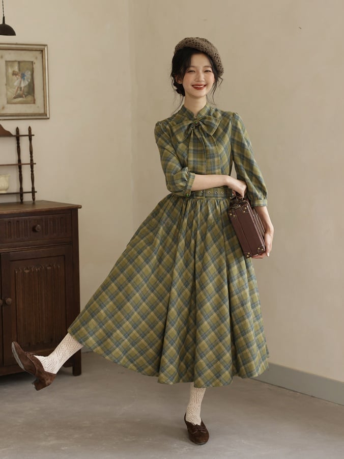 Grünes Karomuster Vintage Bowknot Schnalle Gürtel Kleid