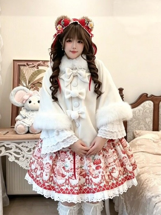 Velvet Lolita Cape in Sweet Beige with Detachable Fur Collar and Bow - Star Fantasy