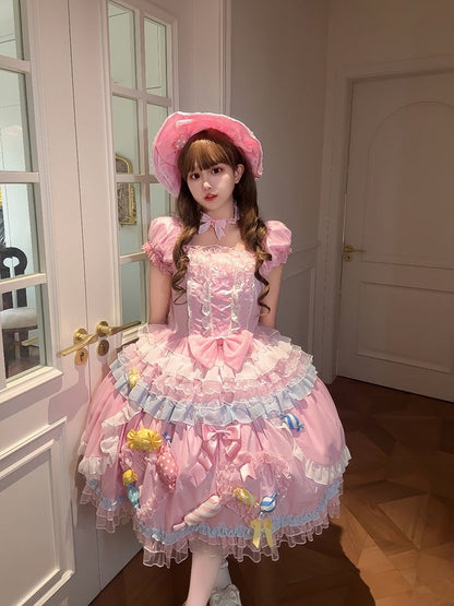 Lolita Candy Ruffle Sweet Multi-Layered Decorations with Pink Dress