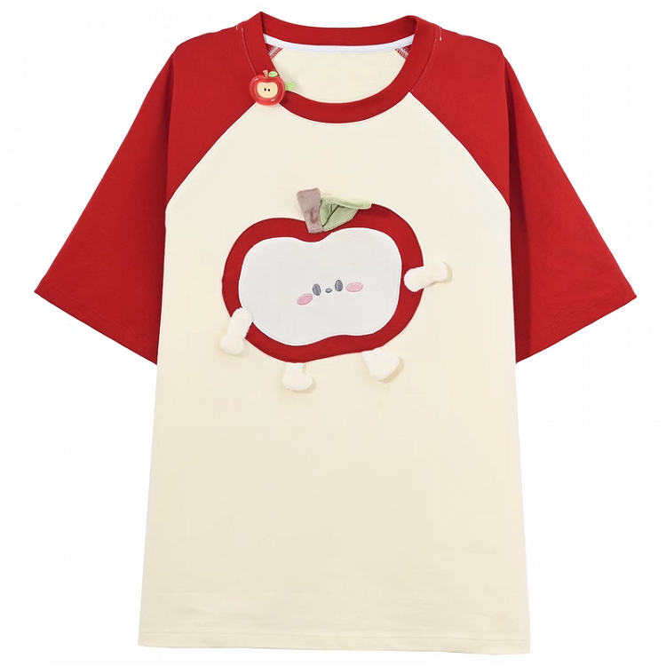 赤と白のカラーブロックデザインTシャツ アップル