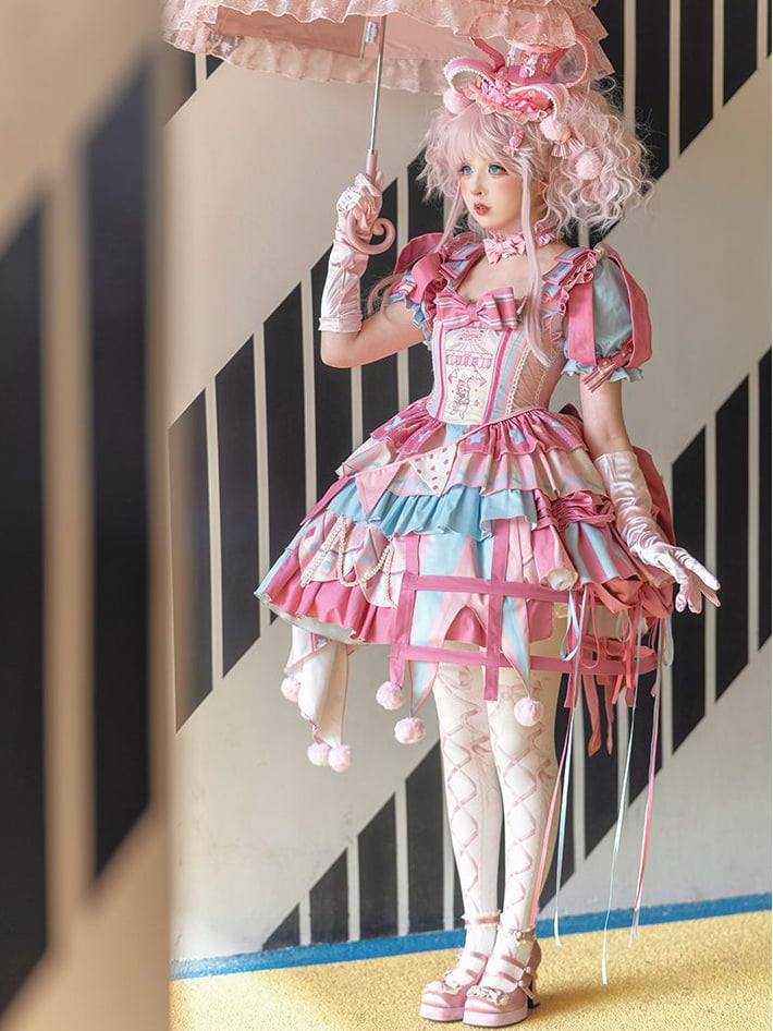 Bunny Dress Sweet Pink Detachable Jumper Circus Sleeves with Puff Skirt Embroidery Lolita