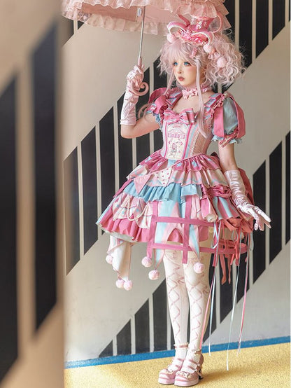 Bunny Dress Sweet Pink Detachable Jumper Circus Sleeves with Puff Skirt Embroidery Lolita