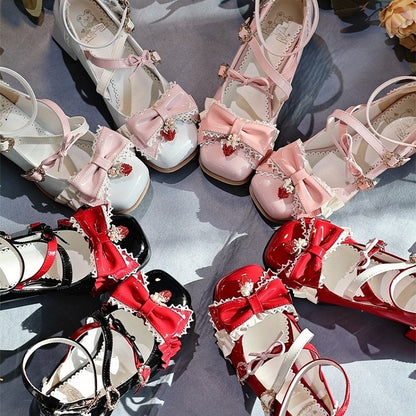 Crisscross Bow Janes Design Charm Square Sweet Toe Red Strawberry - Snap Mary Lolita with Top Heart
