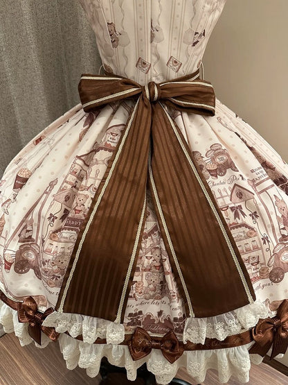 Puff Dress Lolita Print Little Brown Bear with Accents Sleeves Bow Beige Sweet Mini