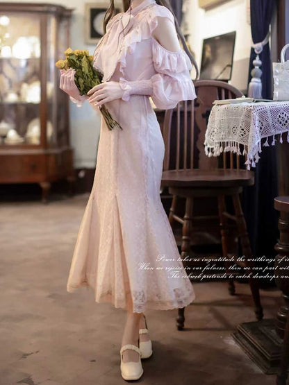 Sakura Pure with Blouse Elegant Kei Clean Cutout Aesthetic Shoulders Jirai Flounce Pink