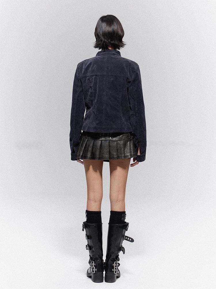 PU Black Pleated Embroidered Floral Skirt Punk Mini with