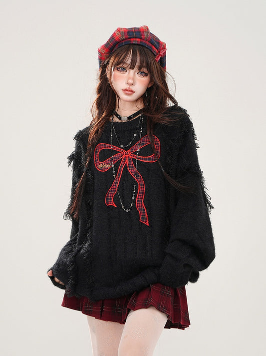 Bittersweet Kawaii Black Distressed Sweater with Red Plaid Bow Embroidery