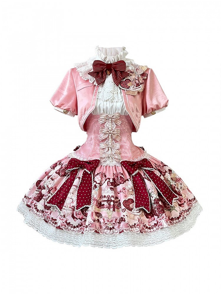 Floral Print & Bowknots Lolita Dress + Bolero Set - Strawberry Fantasy - Unknown Star