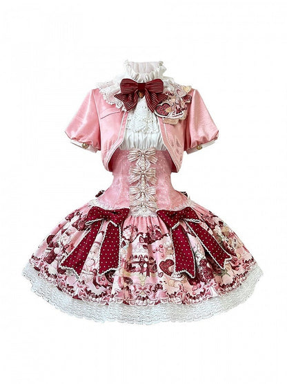 Floral Print & Bowknots Lolita Dress + Bolero Set - Strawberry Fantasy - Unknown Star