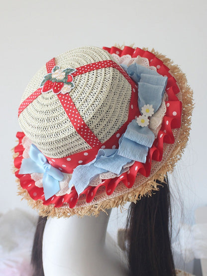 Applikation Erdbeerrot Details Stroh Rüschen Hutbesatz Schleife