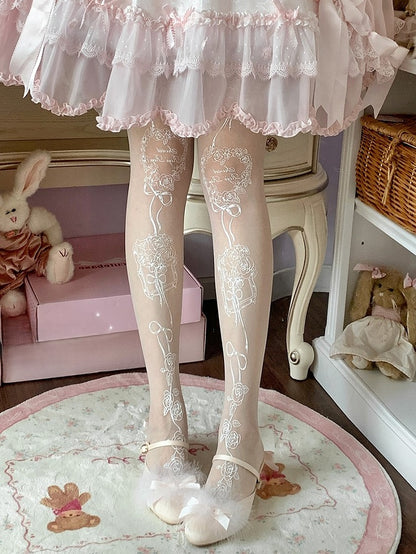 Print Lolita White Tights Rosette Sweet