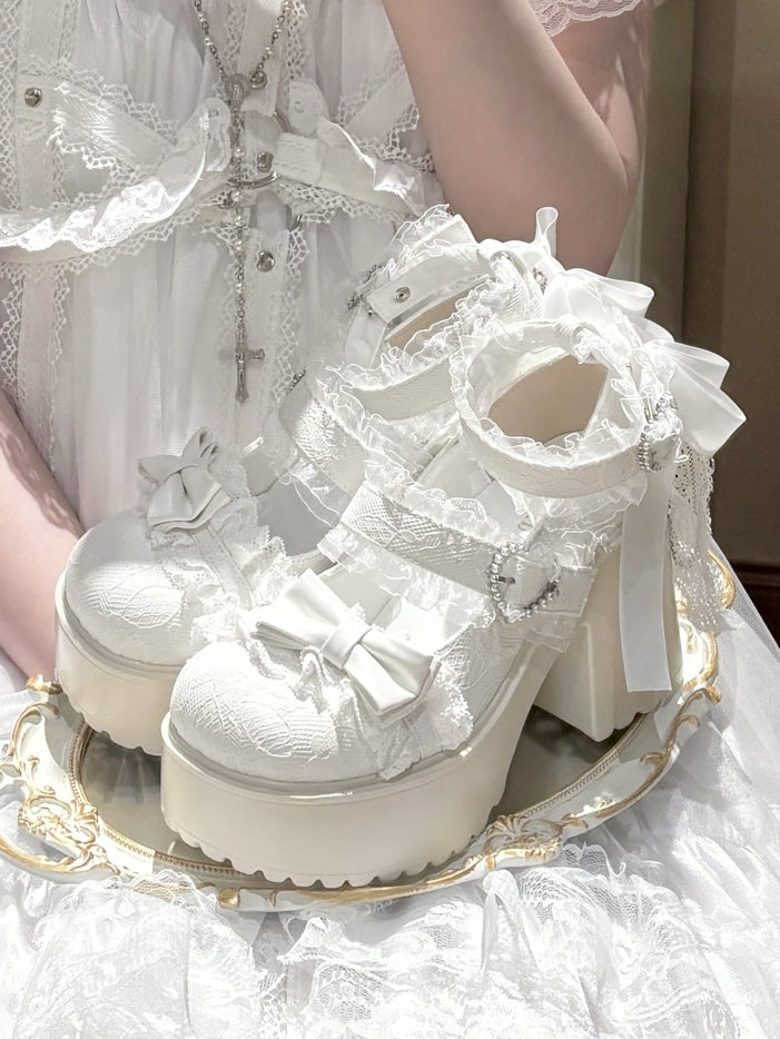 Schuhe Plattform Jirai - Trim Mary Spitze Heels Block High Kei Weiß Jane mit