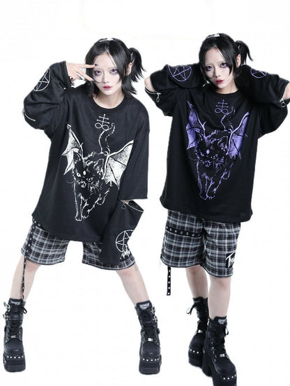 Dark Kawaii Purple & Black Hell Cat Graphic Embroidered Zip Sweatshirt - Tribuo Flos