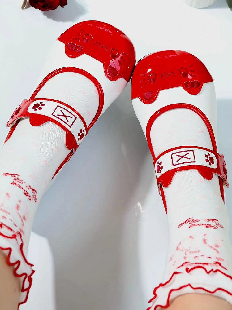 Lolita Design Ear Cat Toe Sweet with Velcro Stitching Red Flats Round Paw