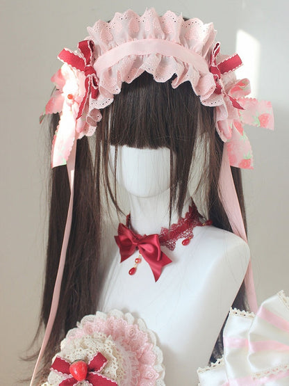 Strawberry Bowknot Details Lace Trim Pink Hairband