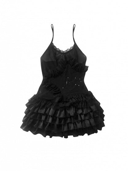 Ballet-Inspired Punk Star with Lace Black Layered Trim Top Ruffles Rhinestone Cami