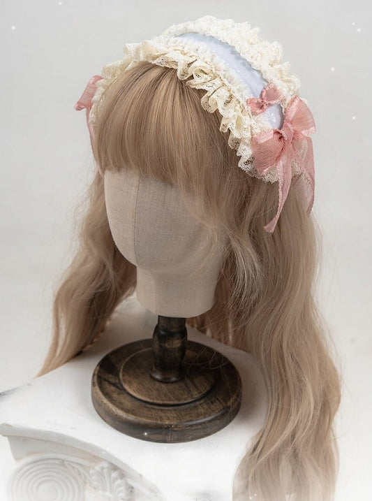 Tulle Lace-Trimmed Bow Blue Lolita Hairband with Beige