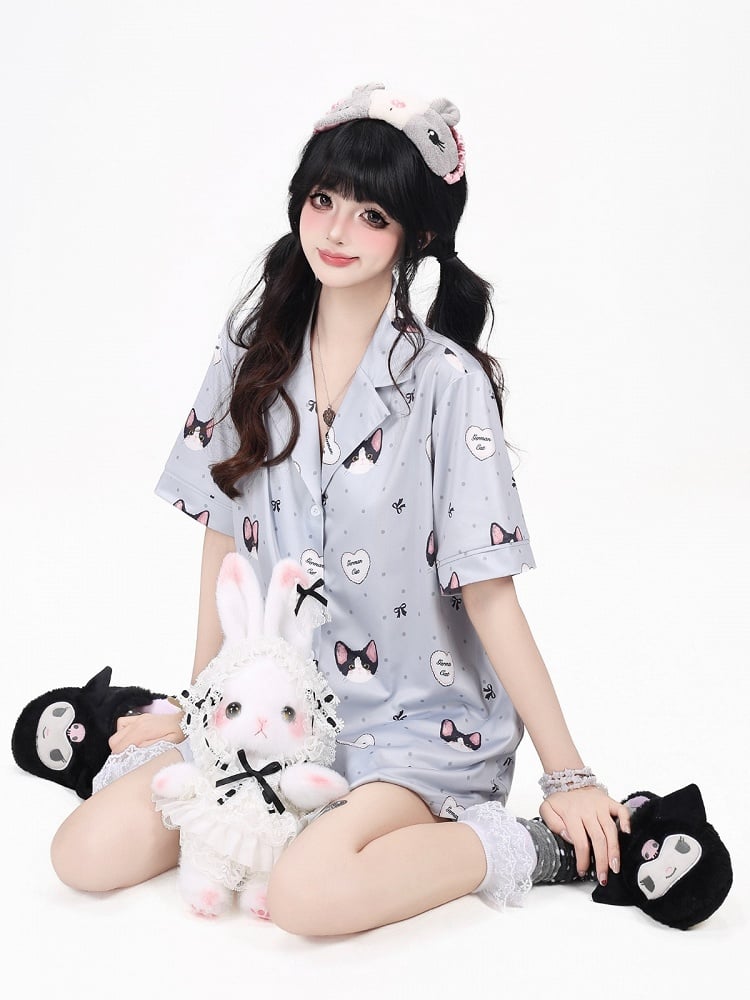 Grey Cute Otaku Kitten Print Short Lounge Wear Two-Piece Set - Short-Sleeve Top + Shorts - CRAZY GIRL