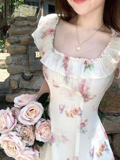 Apricot Summer Vacation Dress with Floral Pattern - Qchiwawameme