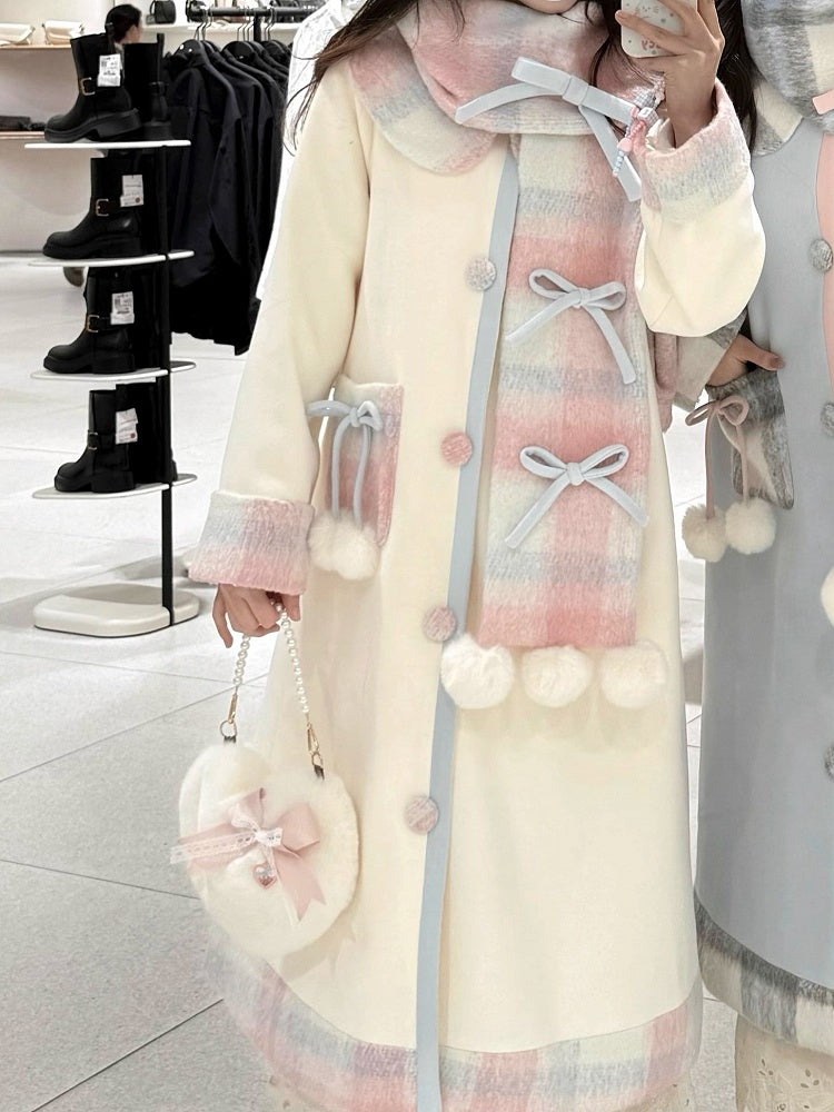 Sweet Plaid with Pom-Pom Scarf Set and + Coat Creamy Winter Lolita Accents White Bow